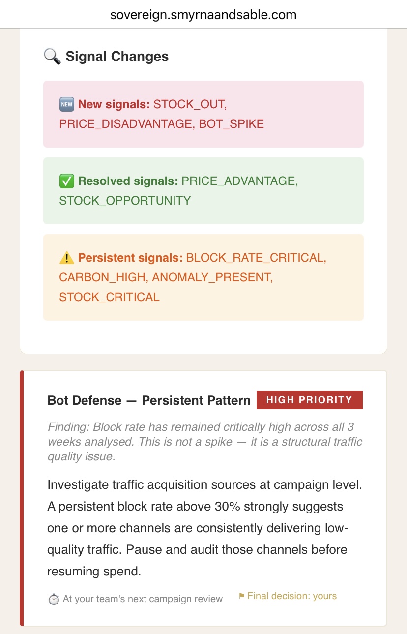 SCIE Compare showing signal changes: new, resolved, and persistent signals with color-coded recommendations